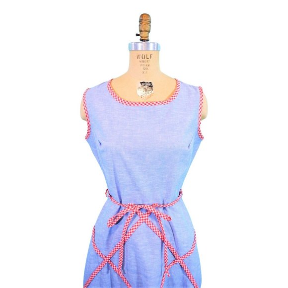Vintage 1960s Picnic Dress Blue Chambray Red Checkered Sheath | W 28" - Picture 3 of 9
